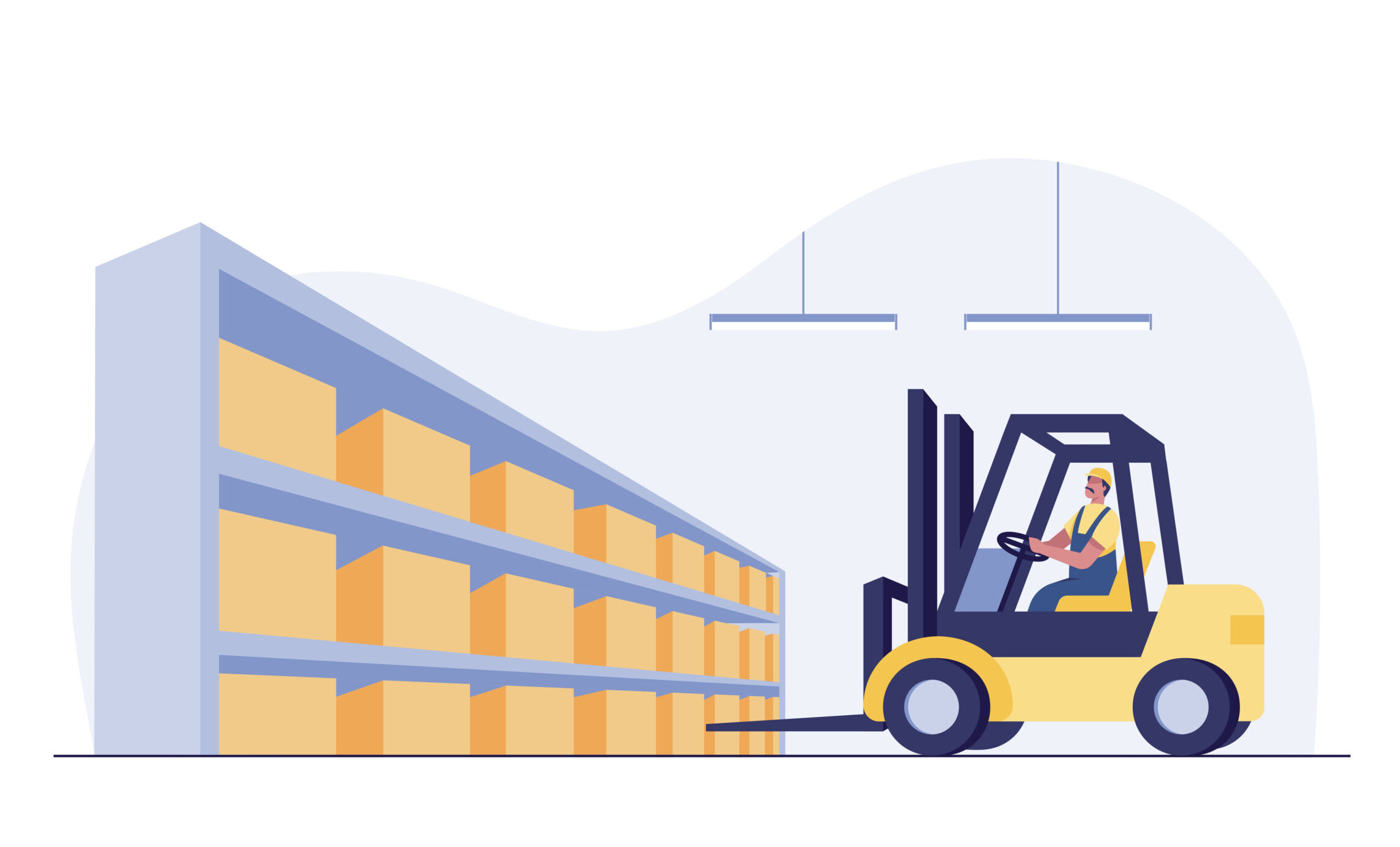 Stock Transfers: Warehouse worker drives forklift to move inventory stock.