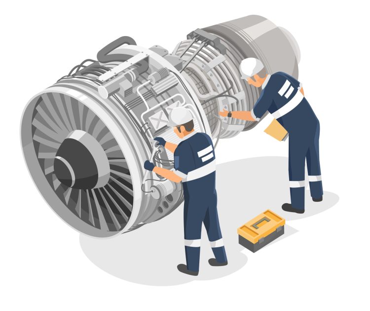 Service Jobs: Two engineers perform maintenance on aircraft jet engine