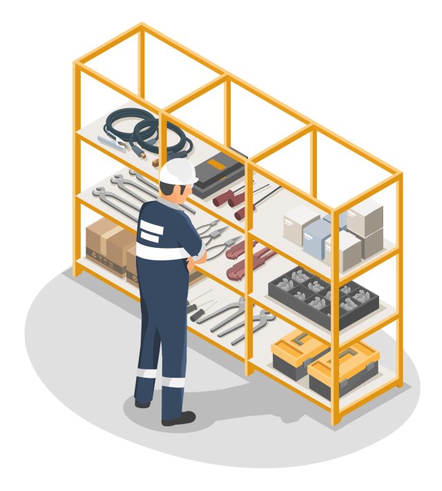 Technician stands in front of a shelf which holds a selection of tools in a storeroom.