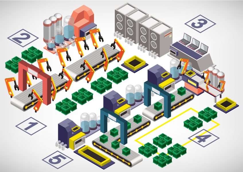 Illustration of info graphic factory equipment concept in isometric 3D graphic